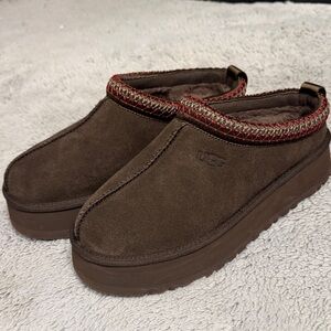 UGG Brown Suede Slip-On Clogs with Red Woven Trim